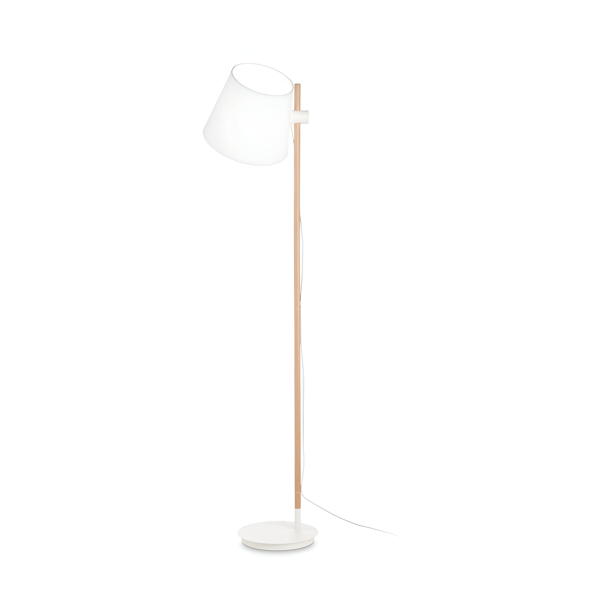 Introducing the Twine Wood Floor Lamp - White, a sleek modern lighting solution that features a slender wooden stand and an adjustable white conical shade. With its round white base and visible power cord, this lamp perfectly captures contemporary design elements.