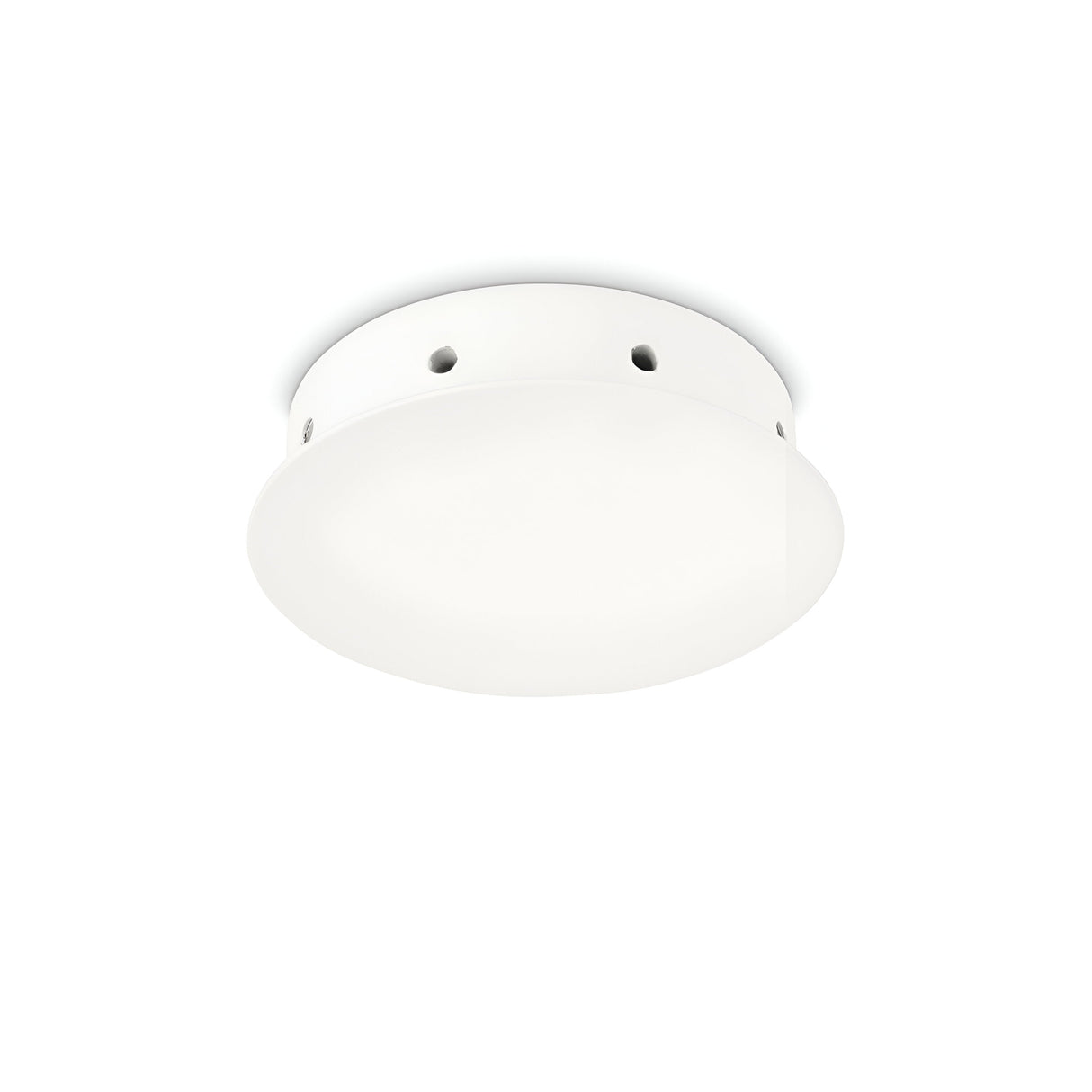 The Glacia 8 Light Magnetic Ceiling Rose in white is a round ceiling light fixture featuring a smooth, frosted dome cover with small holes along the edge, providing minimalist lighting when mounted.