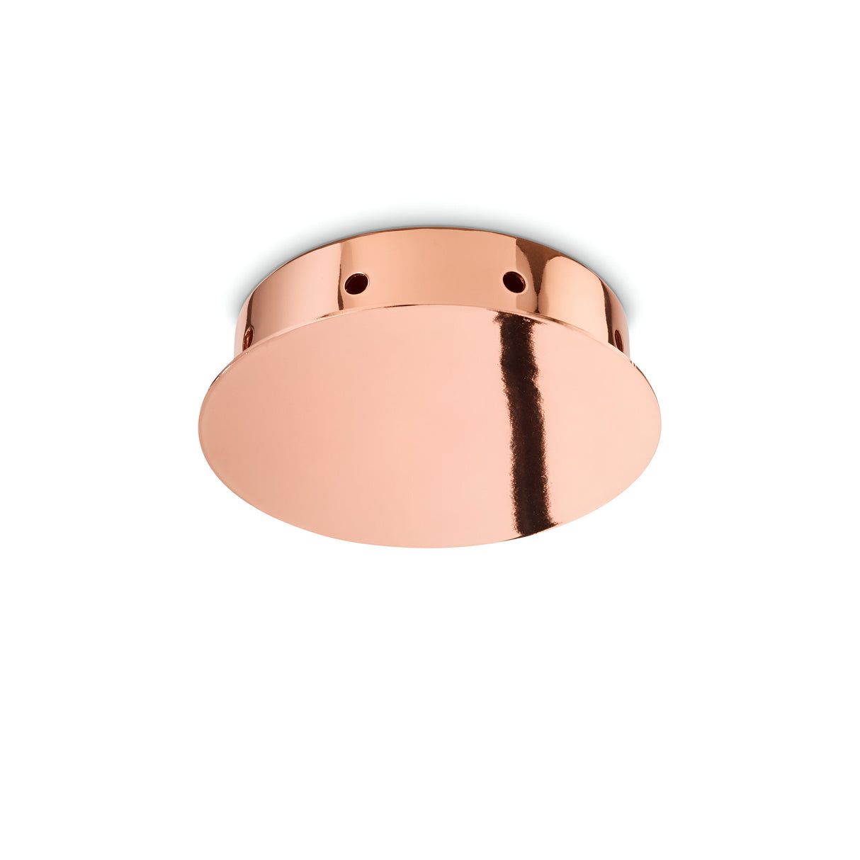 A close-up of the Glacia 8 Light Magnetic Ceiling Rose in copper, showcasing its shiny, round metal disc design set against a plain white background. The highly reflective surface displays a vertical line of reflection running through the center.