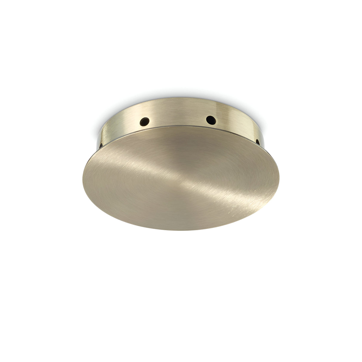 The Glacia 8 Light Magnetic Ceiling Rose - Brass is a sleek and modern round light fixture crafted from brushed metal. It features small black ventilation holes around the edge and elegantly mounts against a white background.