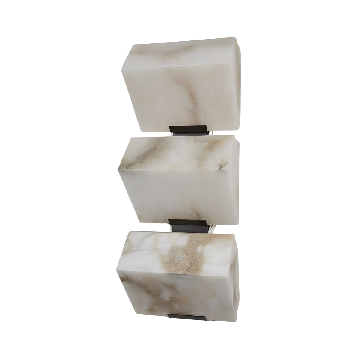 The Calyrix LED Large Stacked Alabaster Wall Light – Soft White features three rectangular alabaster blocks with beige and brown veining, stacked vertically with metal brackets for a striking visual display.