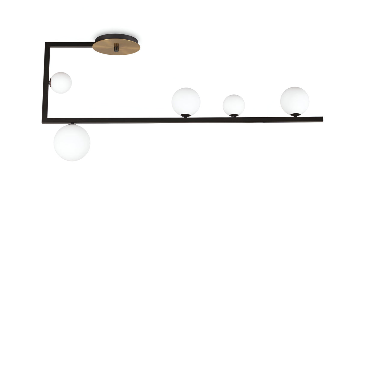 The Ethereal 5 Light Semi Flush - Black features a contemporary design with black metal bars and five round white globes. This fixture includes a vertical bar holding one globe and a horizontal bar supporting four, all set against a minimalist white background to highlight its sleek modern lighting aesthetics.