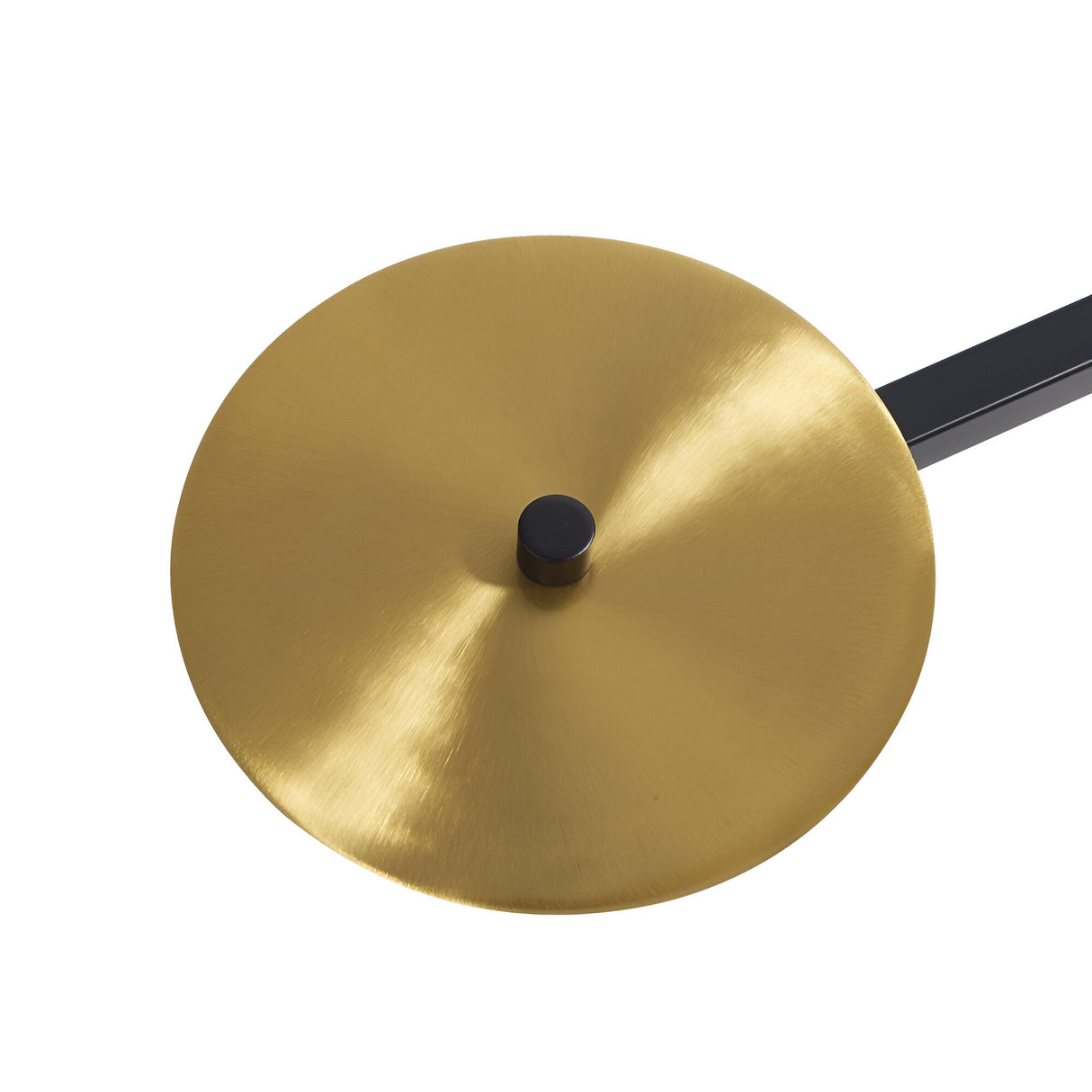 The Ethereal 5 Light Semi Flush - Black is an exquisite fixture that combines a golden metal disc with a brushed finish and a sleek black handle, creating the appearance of a modern cymbal. The circular disc includes a centrally positioned small black knob, highlighting its sophisticated black metal construction. The image offers an overhead view of this elegant lighting piece.
