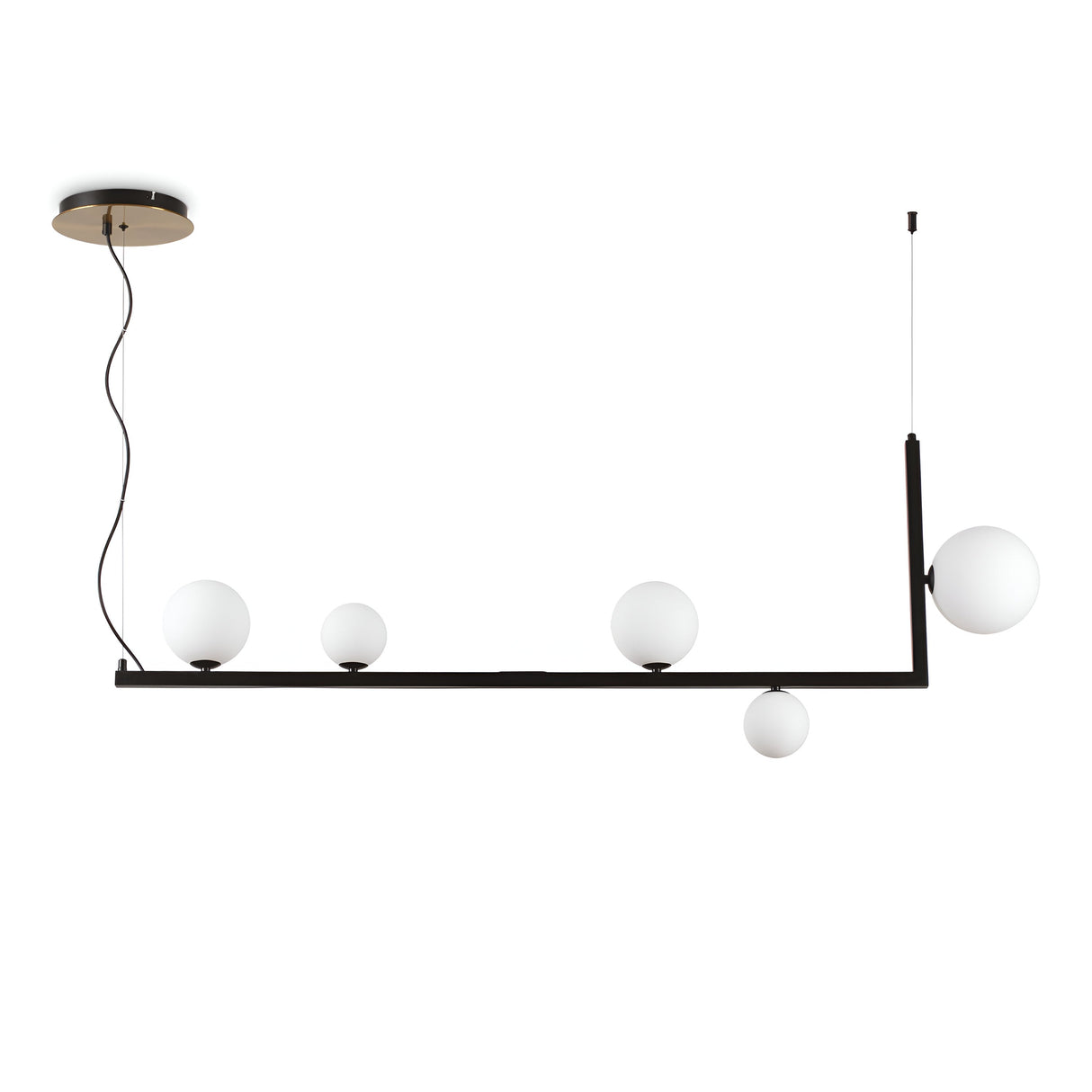 The Ethereal 5 Light Suspension - Black is a contemporary light fixture with an industrial flair, showcasing five white glass globes. Its geometric and minimalist design is accentuated by a black metal frame suspended from a circular ceiling mount with a slender cord.