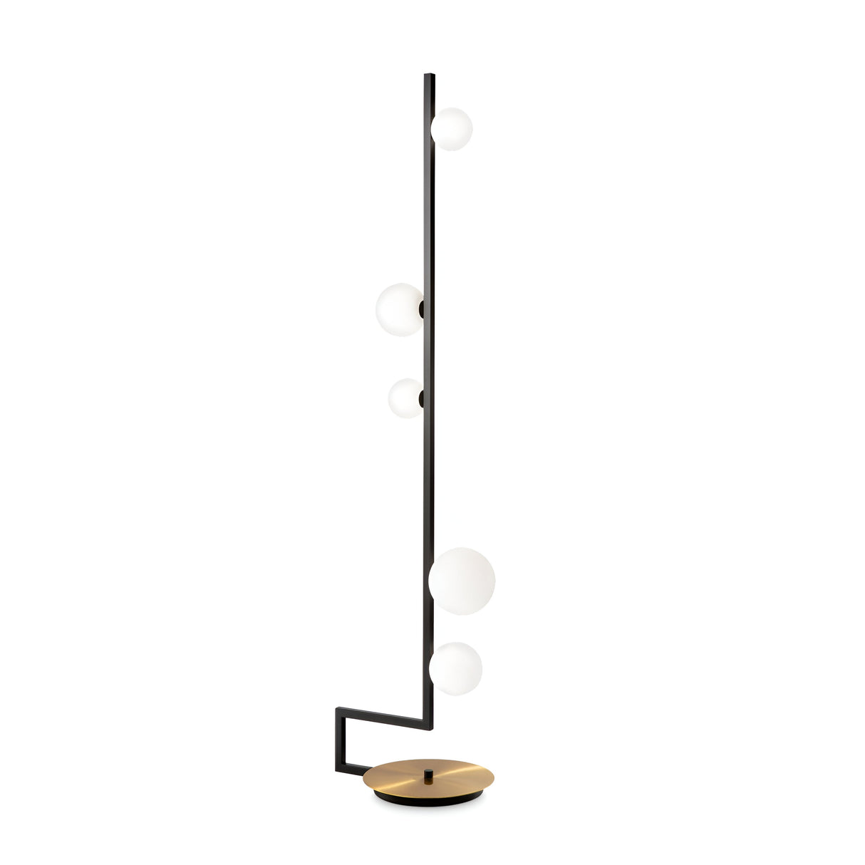 The Ethereal Floor Lamp - Black/White features a contemporary design, showcasing a sleek black metal stand with five white spherical bulbs positioned at different heights, all anchored by a rounded wooden base. This minimalist piece creates an impressive contrast of black and white that enhances any space.