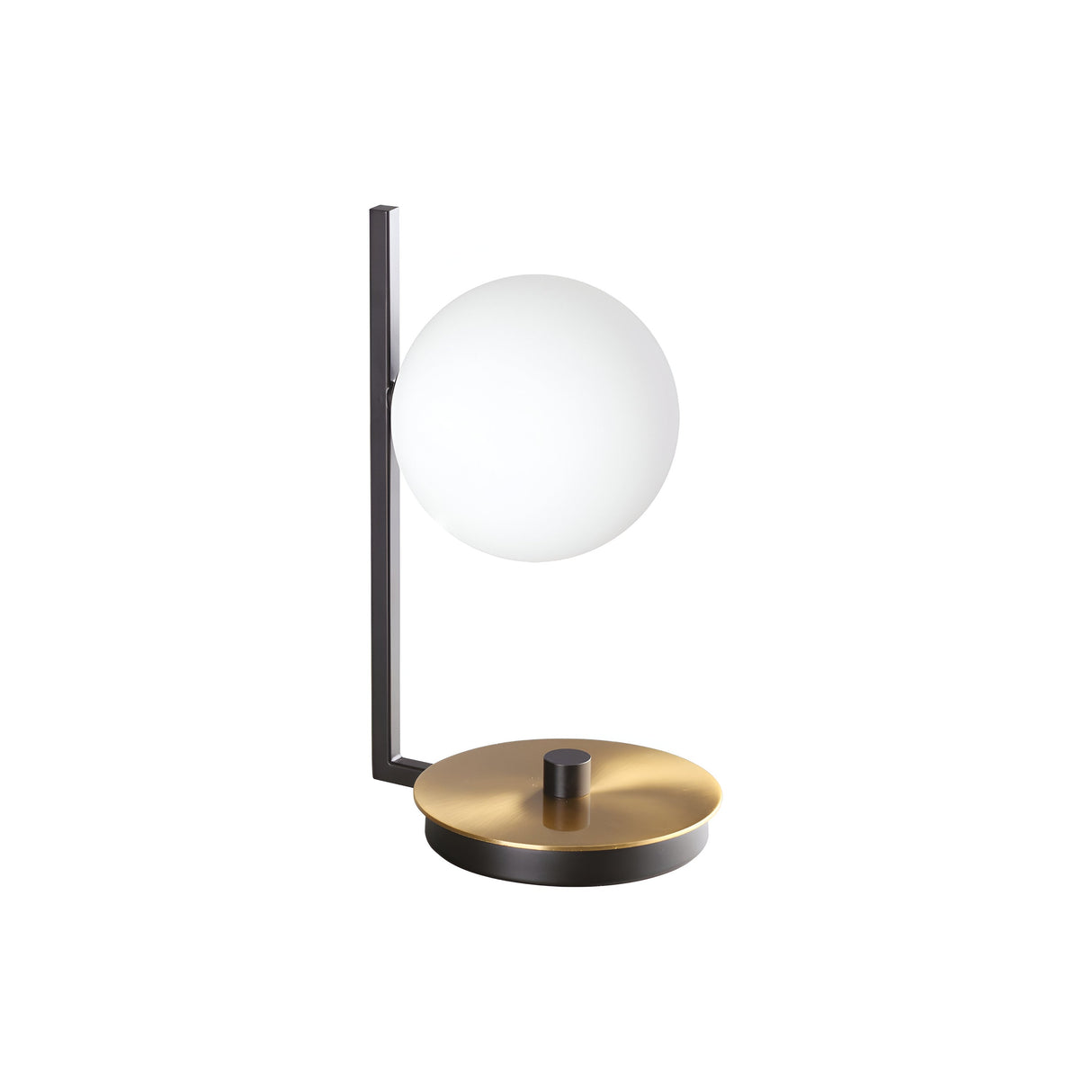 The Ethereal Table Lamp - White features a sleek black stand paired with a round, white glass globe top. Its elegant design is completed with a gold metallic base and a refined metal finish, making it a modern and minimalist choice.
