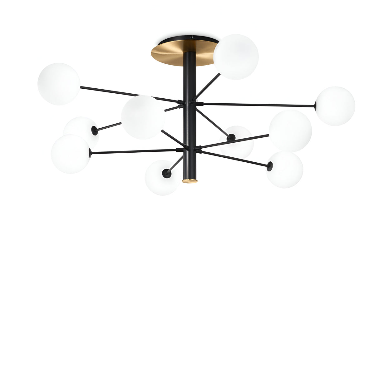 The Veloxis 10 Light Ceiling Light features a sleek black metal rod at its center with multiple arms radiating outwards, each adorned with a frosted white globe light. With dimmable functionality for adjustable ambient lighting, its brass-finished ceiling mount elegantly complements the minimalist design.