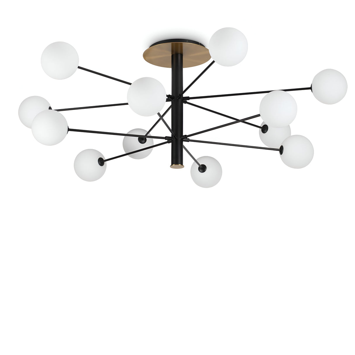 The Veloxis 12 Light Ceiling Light features a contemporary design with a sleek matte black frame and central rod, branching into several arms. Each arm culminates in a dimmable white spherical bulb, forming an intricate geometric pattern. The brass ceiling attachment beautifully contrasts the chandelier against a white background.