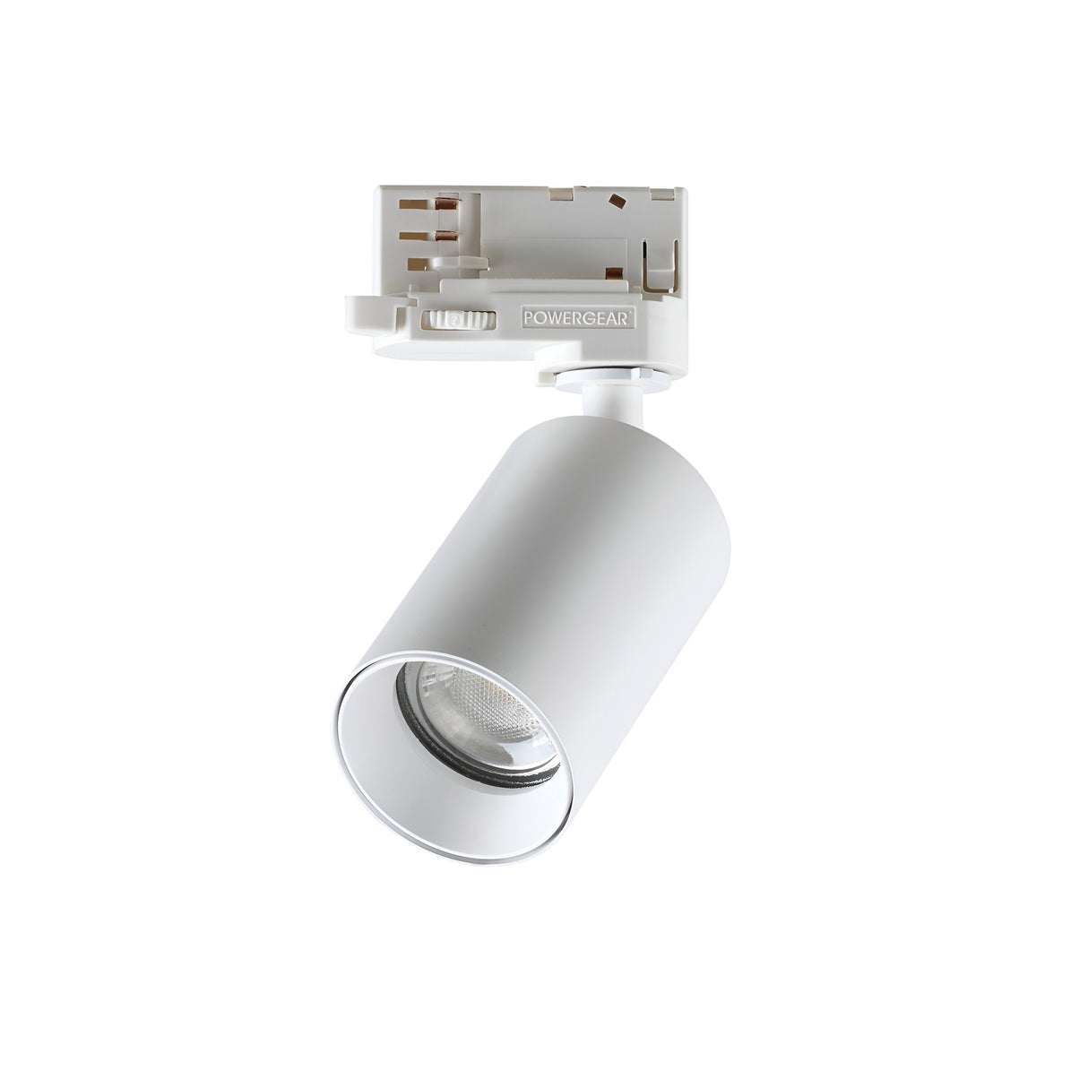 Displayed is the Glimmera Three Phase Track Spotlight in white, showcasing a modern cylindrical design. It includes an adjustable head mounted on a sleek white rectangular base and offers dimmable functionality for flexible lighting solutions.