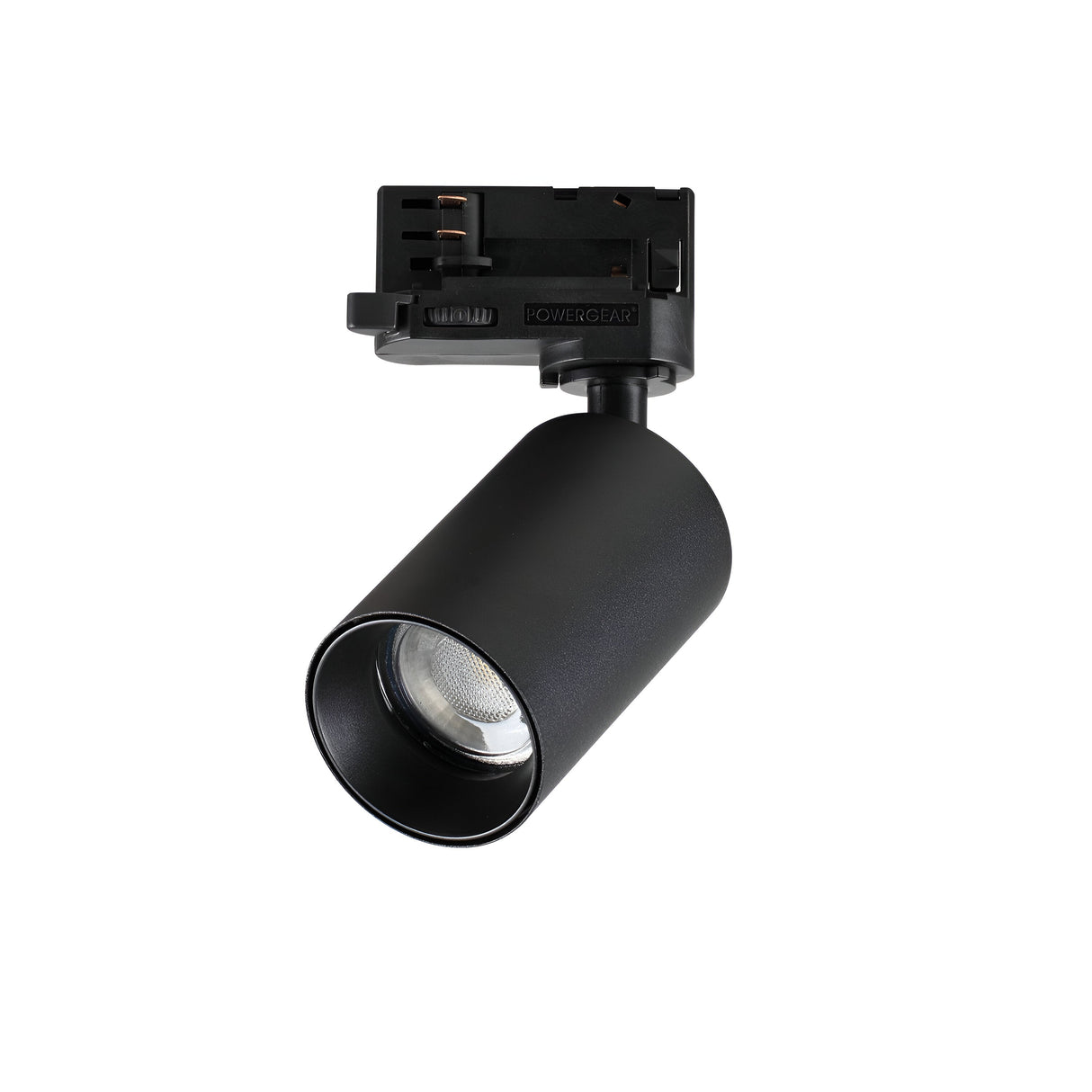 Introducing the Glimmera Three Phase Track Spotlight in black, showcasing a cylindrical design with an adjustable head for precise light direction. This dimmable fixture is set against a white background, emphasizing its sleek and modern look.