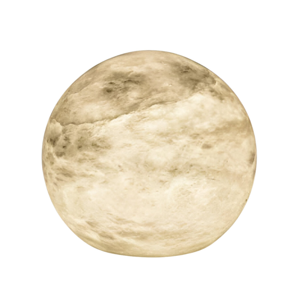 The Marvello 1 Light Orb Alabaster Table Lamp in Soft White features a round, marbled design reminiscent of the moon or a planet, displayed against a plain white background.