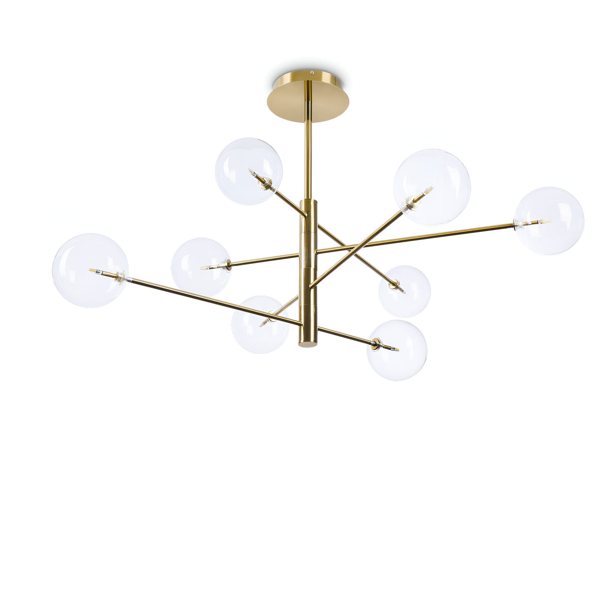 The Solarae 8 Light Suspension - Brass is a modern chandelier with an abstract appeal, featuring a minimalist design and a brass finish. It boasts multiple arms extending outward, each ending in clear, round glass bulbs. This fixture hangs elegantly from a circular ceiling mount and incorporates transparent diffusers for added sophistication.