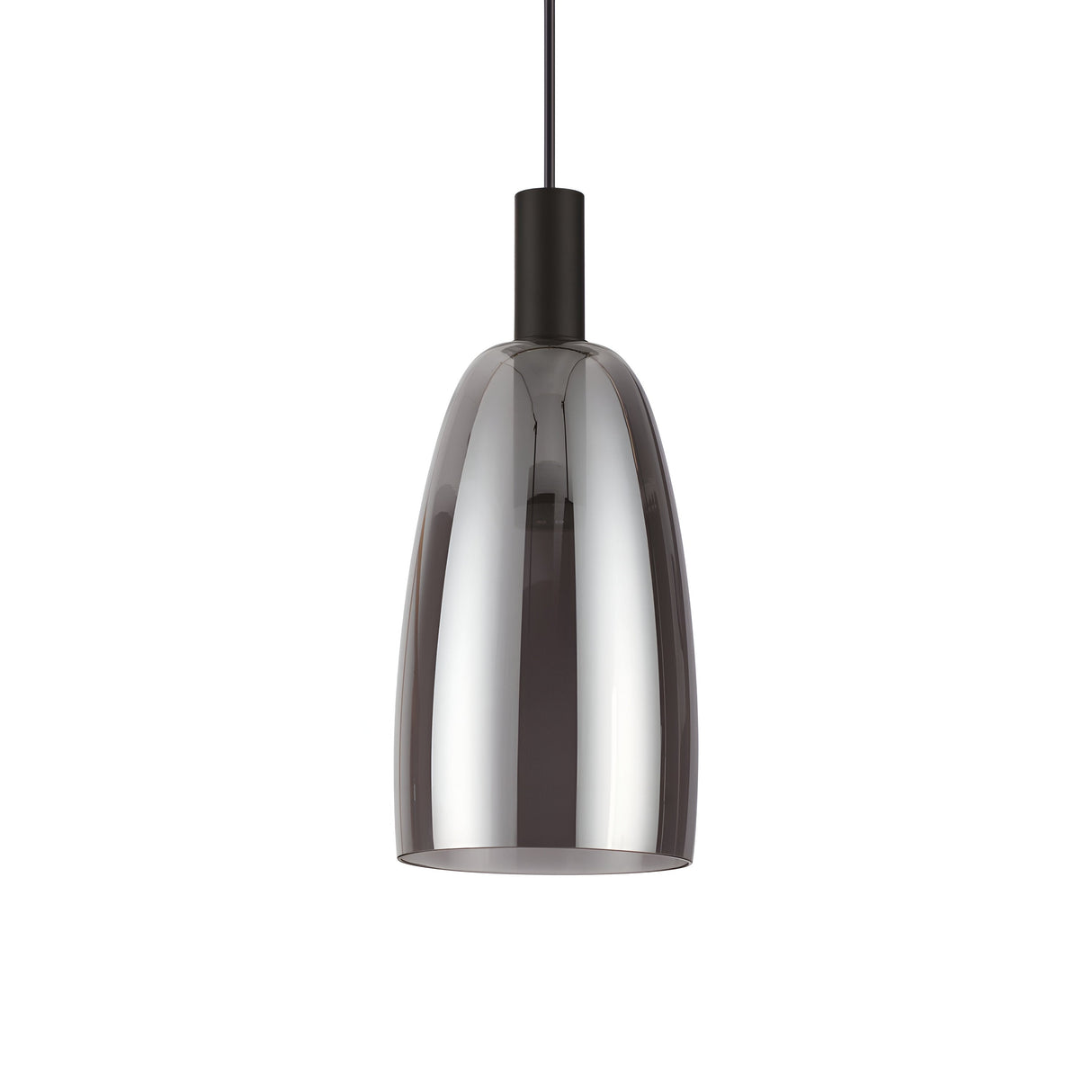 Introducing the Shade-2 LED Light Pendant in Black: a sleek, modern pendant with a glossy, smooth surface. This lamp is elegantly suspended from a cord and features a reflective silver finish, providing it with a contemporary appearance that exudes elegance and an industrial touch.
