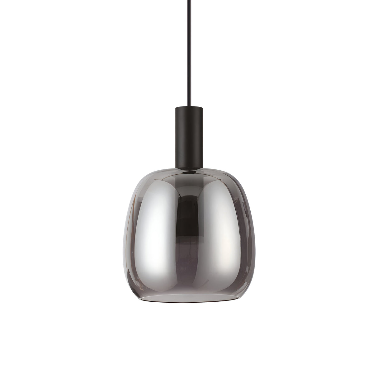 The Shade-1 LED Light Pendant - Black combines a glossy metallic finish with a modern rounded design. It is suspended from a black cord and fixture, featuring a chic smoked glass shade that enhances its sleek and contemporary style.