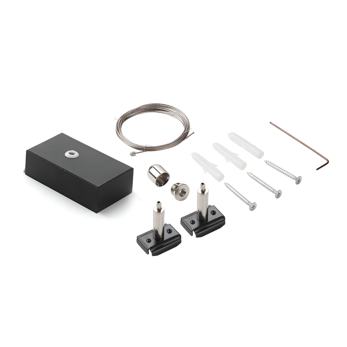 The Luxeon Kit Single Steel Cable 2m With Ceiling Cap - Black features a sleek black rectangular box, stainless steel cable, two metal brackets, screws, wall anchors, and an Allen wrench. Perfect for lighting installation projects, this kit is showcased against a pristine white background for enhanced visibility.