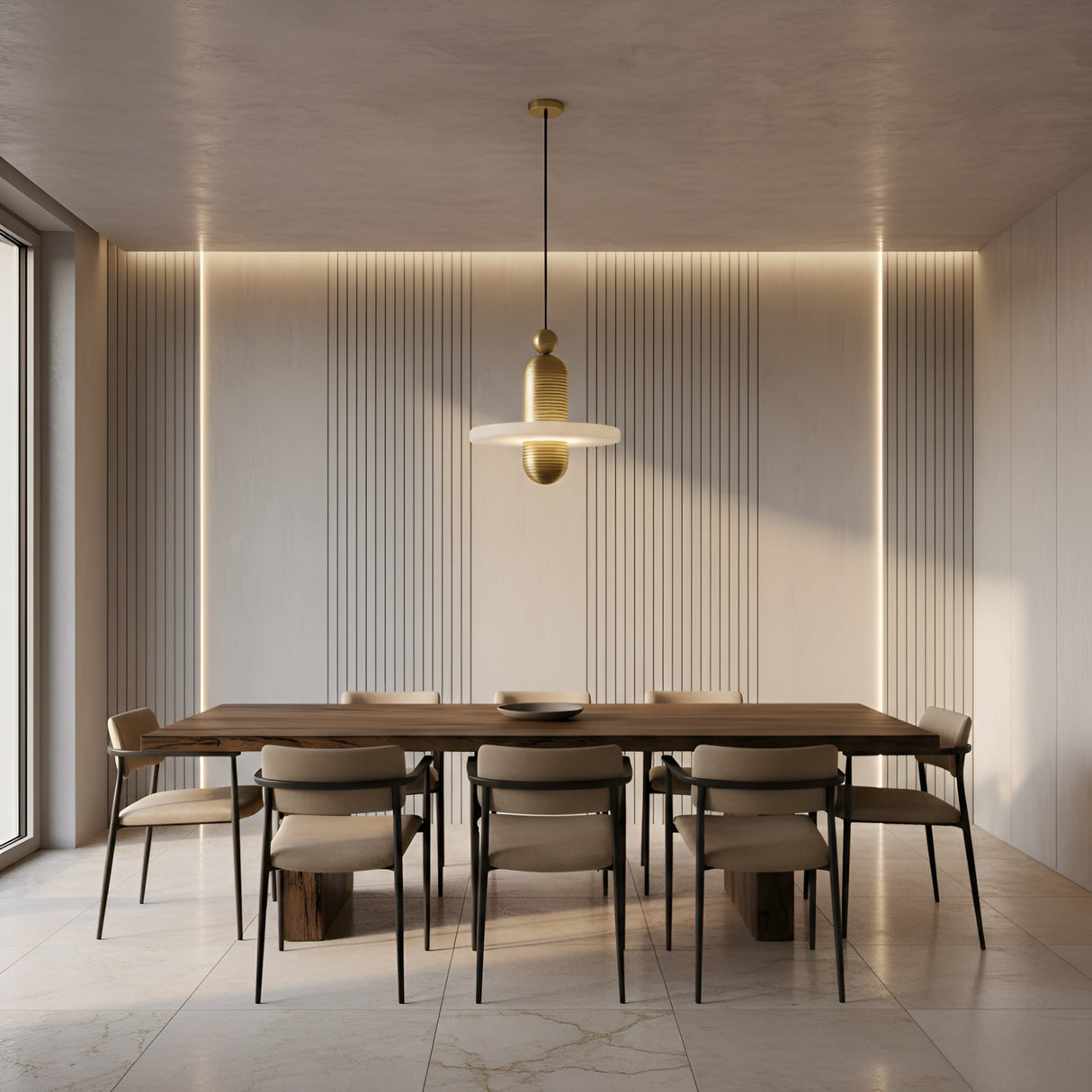 A minimalist dining room features a long wooden table, eight beige cushioned chairs, and the Nyxara LED Large Tiered Alabaster Single Pendant Light in soft white & gold. Vertical textured panels, marble floor tiles, and gold accents complete the elegant look.