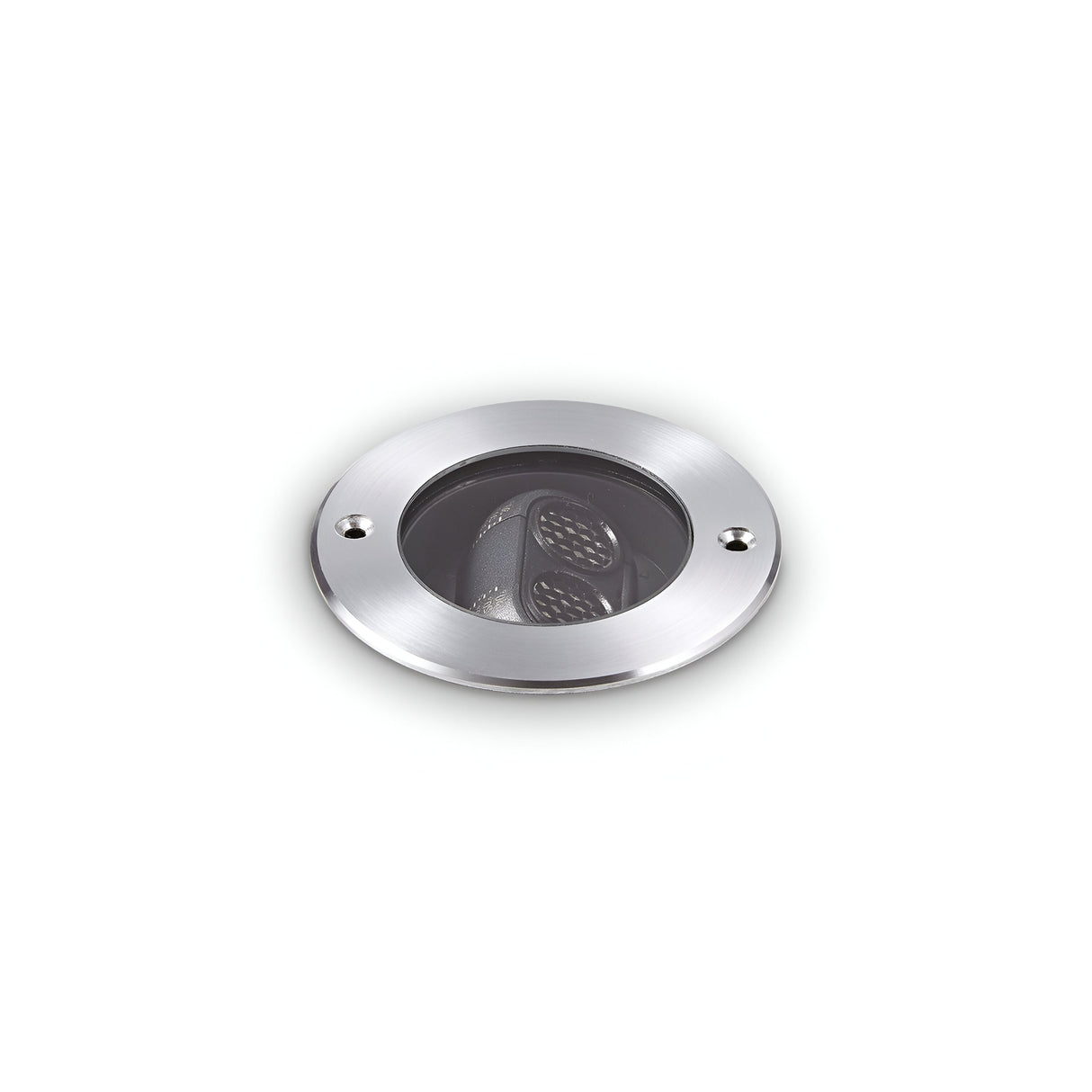 The Zephyra Outdoor LED Round Recessed Ground Light features a round, metallic design with a brushed silver finish and glass covering. It includes two screw holes for mounting and provides an energy-efficient lighting solution.