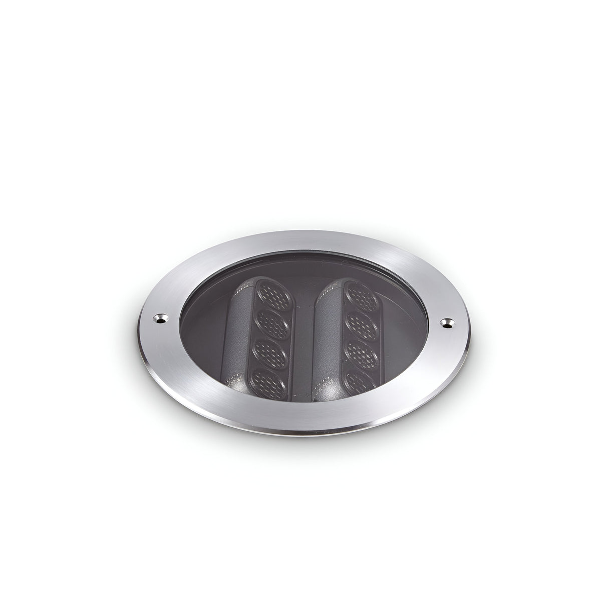 The Zephyra Outdoor LED Round Recessed Ground Light, featuring a sleek and modern design in grey with a power of 14W and a color temperature of 3000K, complements any white surface. Its energy-efficient lighting style echoes the elegance typically found in outdoor lighting fixtures.
