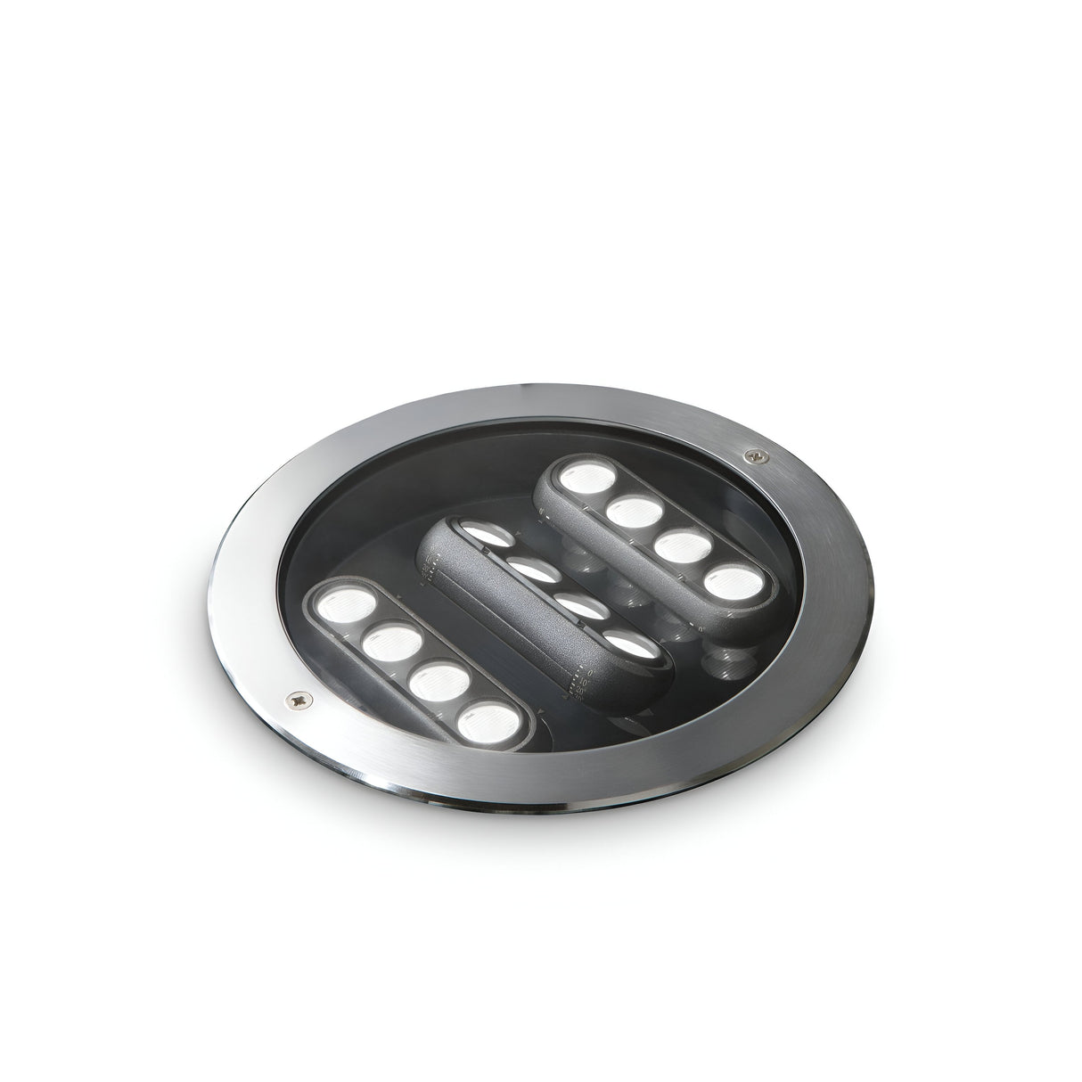 The Zephyra Outdoor LED Round Recessed Ground Light - 20W, 3000K, Grey showcases a design of multiple circular bulbs arranged in a metallic frame, offering an IP67 rating for enhanced durability, and is captured from above against a plain white background.