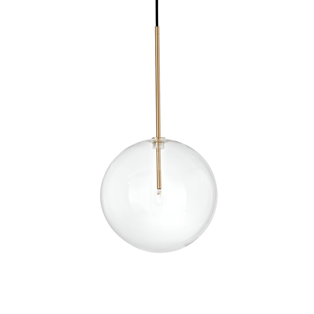 Introducing the Solarae 1 Light Glass Pendant - Brass, 25cm: This contemporary lighting fixture boasts a clear globe paired with a chic, vertical antique brass rod at its core. Its minimalist design beautifully highlights the suspended spherical shape against a pristine white backdrop.