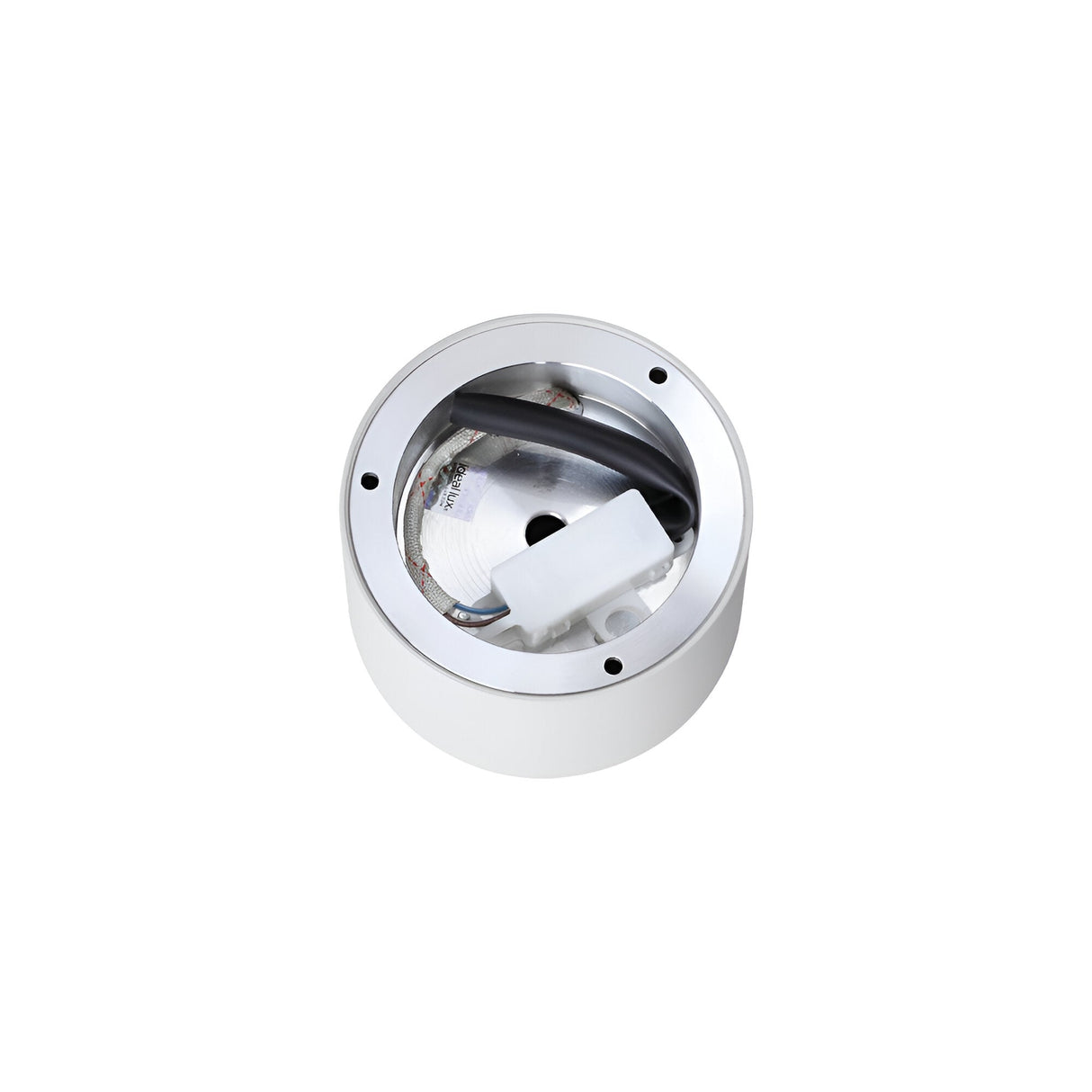 The Orbis Round Downlight - White, crafted from turned aluminium, is a metallic cylindrical object with a shiny surface and features a central moving part. This intriguing piece, possibly a mechanical component or part of a device, sits elegantly on the white background.