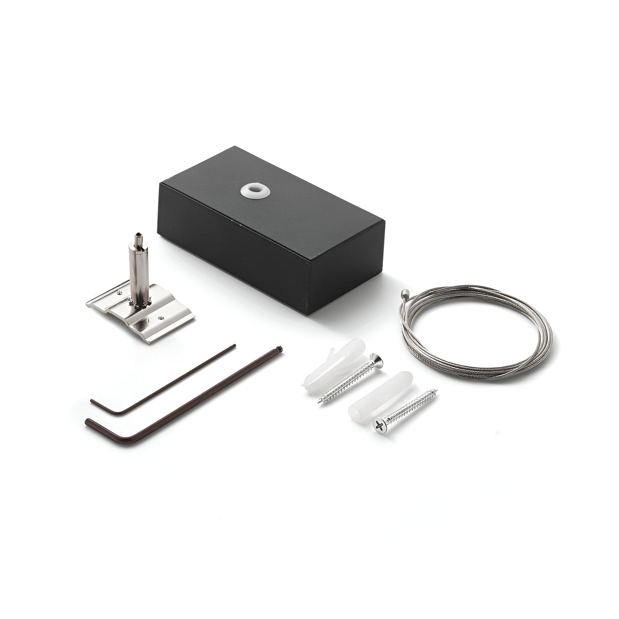 Introducing the Flux Ceiling Suspension Kit with 2m Cable, Screws, and Tools - Black, displayed on a white background. This kit includes a stylish black rectangular box, a coil of wire, two wall plugs in white, two screws, a metal bracket, and two hex keys—perfect for seamlessly incorporating lighting fixtures into contemporary spaces.