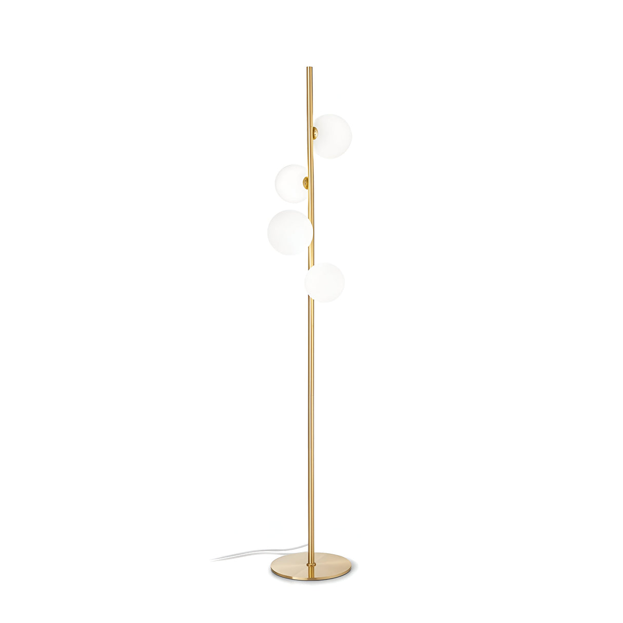 The Solana Floor Lamp - White showcases a modern aesthetic with its elegant gold stand and four vertically arranged spherical white blown glass diffusers. Embracing a minimalist style, it sits on a circular gold base, featuring a subtle power cord at the bottom.