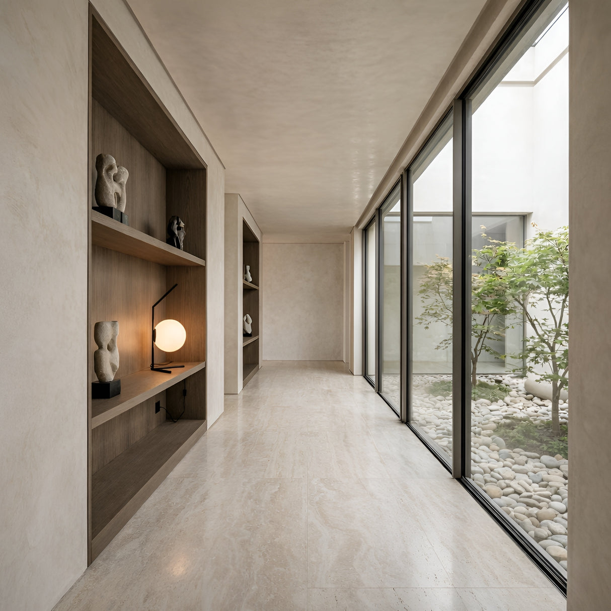 A minimalist hallway with light stone floors, built-in wooden shelves displaying abstract sculptures and the Vetra 1 Light Opal Glass Table Lamp - Black, and large windows overlooking a small rock garden with a green tree.