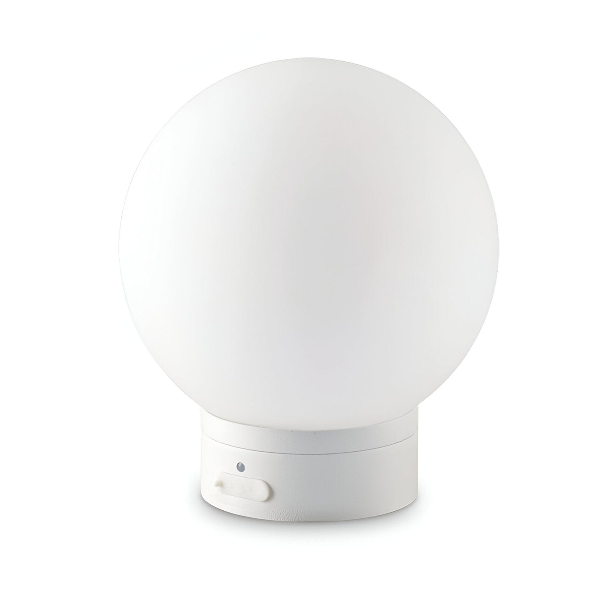 The Beam Outdoor Table Lamp In White, with its spherical shape and smooth surface, features a small switch on its cylindrical base and boasts a sleek, minimalist form against a plain white background.
