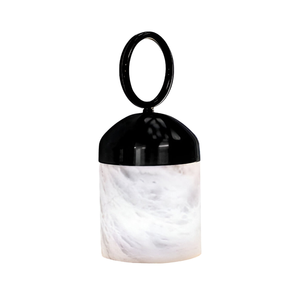 The Aurelio LED Ring-Handle Alabaster Table Lamp in Matte Black & Soft White features a modern, sculptural design with a marbled base, large circular handle, and contemporary minimalist appeal for any space.