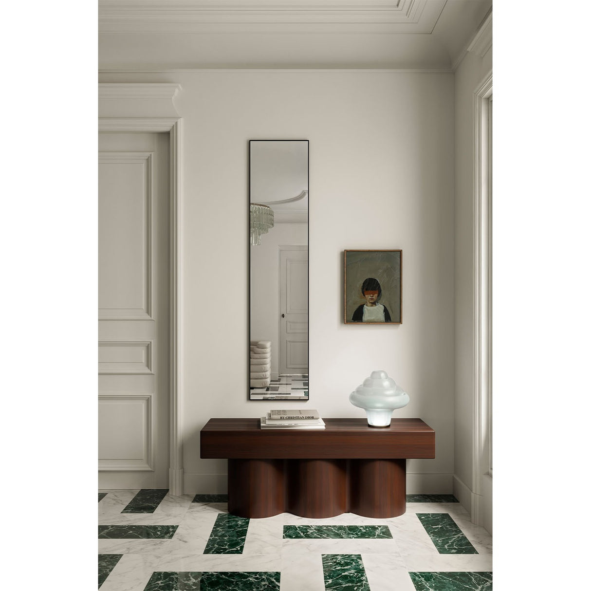 Lucka Black Slim Framed Full Length Mirror, 175cm rectangular design with slim black metal frame, shown leaning in a hallway above a dark wood console table.