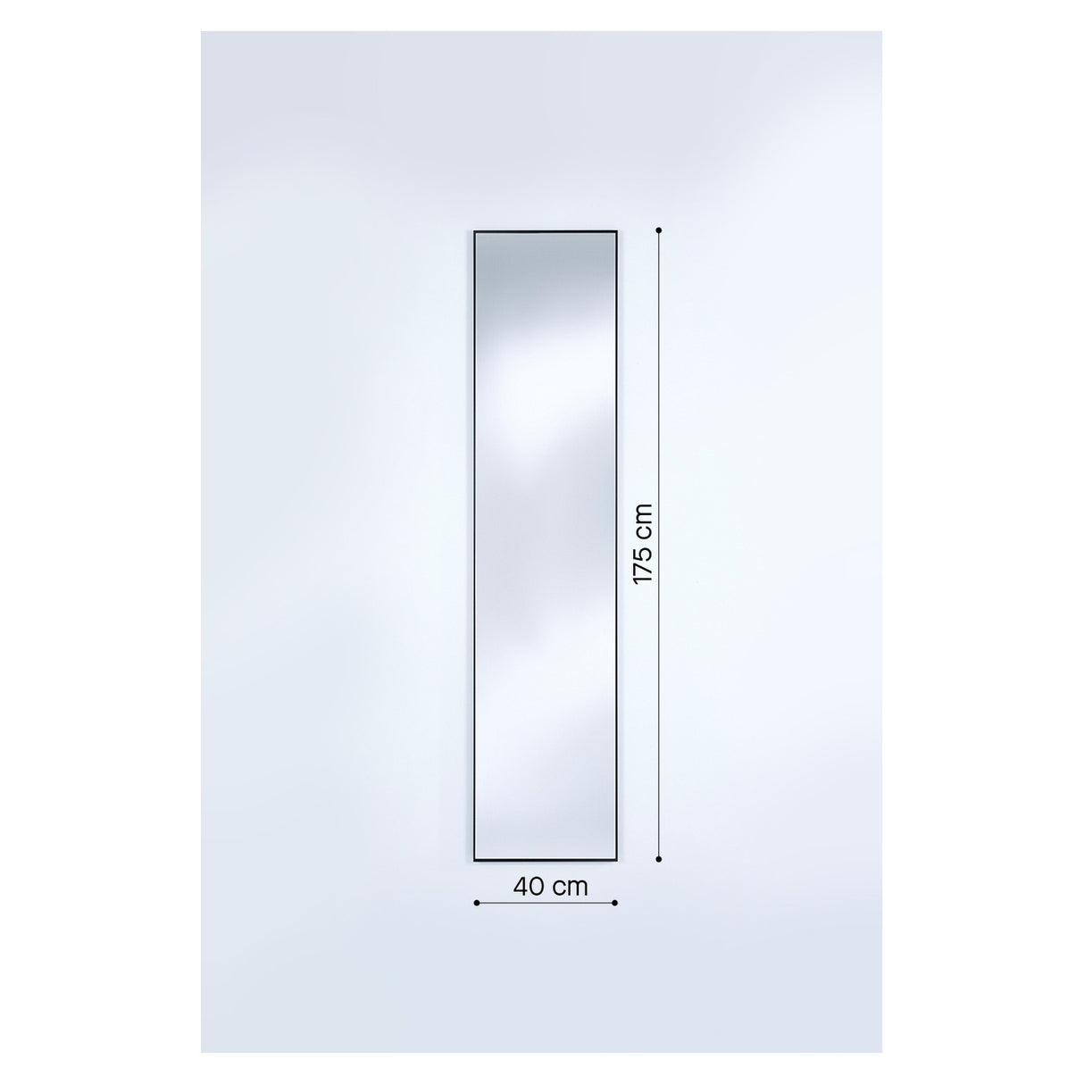 Lucka Black Slim Framed Full Length Mirror, rectangular with a thin black metal frame, shown with 175cm height and 40cm width dimensions on a plain white background.