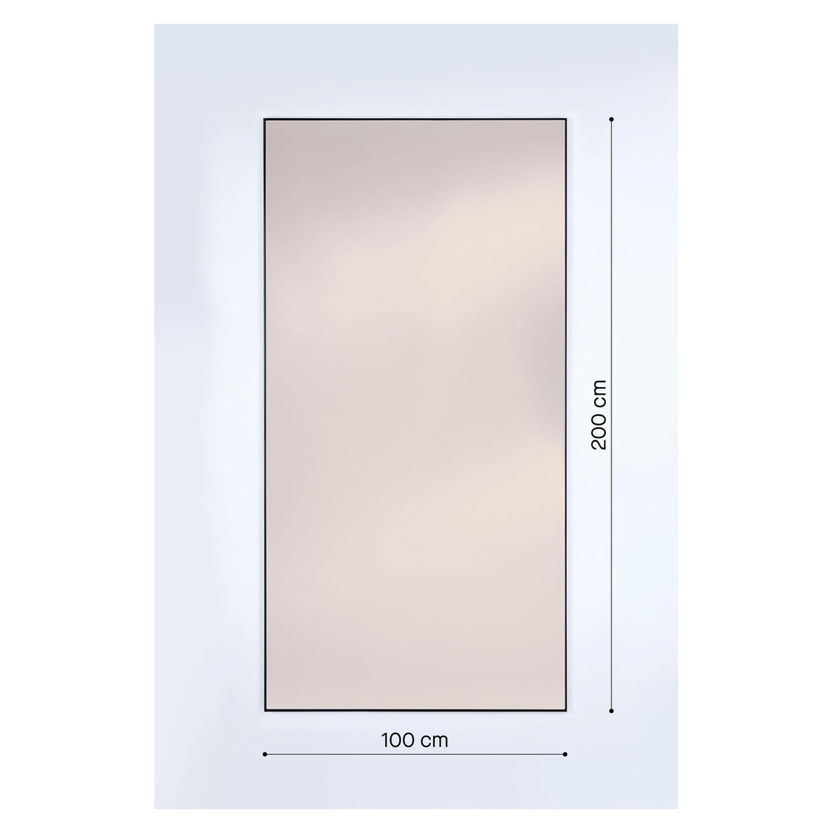 Lucka full-length rectangular wall mirror, 100cm x 200cm, bronze-tinted glass in a black metal frame, shown with dimension markers on a plain white background.
