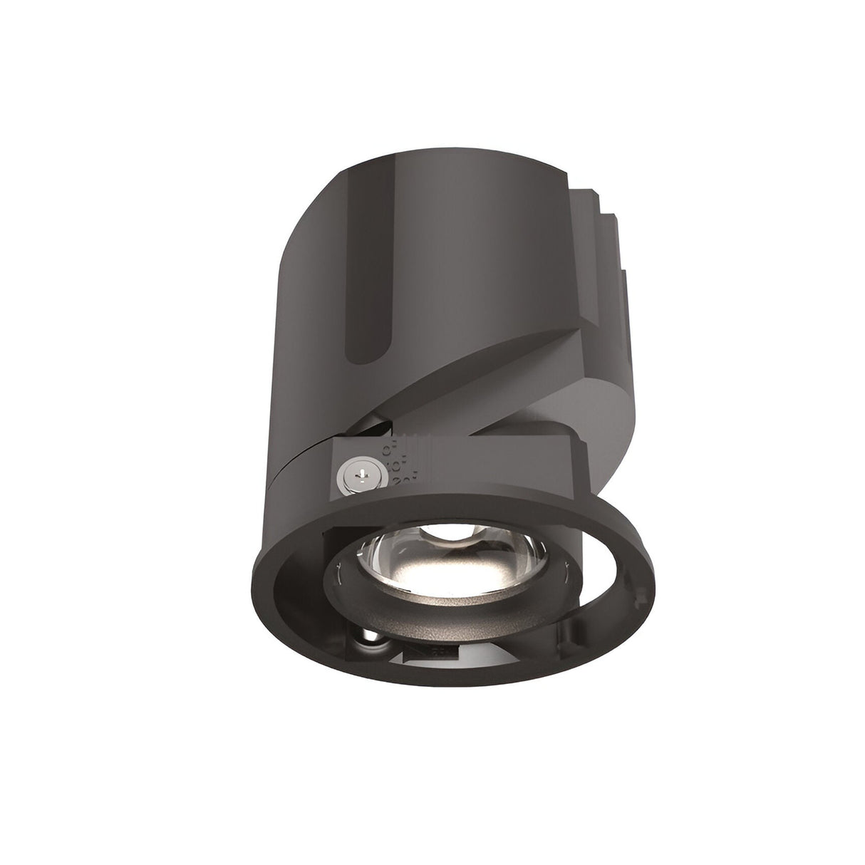 The Voltis LED Recessed Downlight 13W 3000K in black features a sleek and modern cylindrical design. Its open front showcases the bulb and inner components, highlighting its modular construction that appears to be made of metal. The product is displayed against a plain white background.