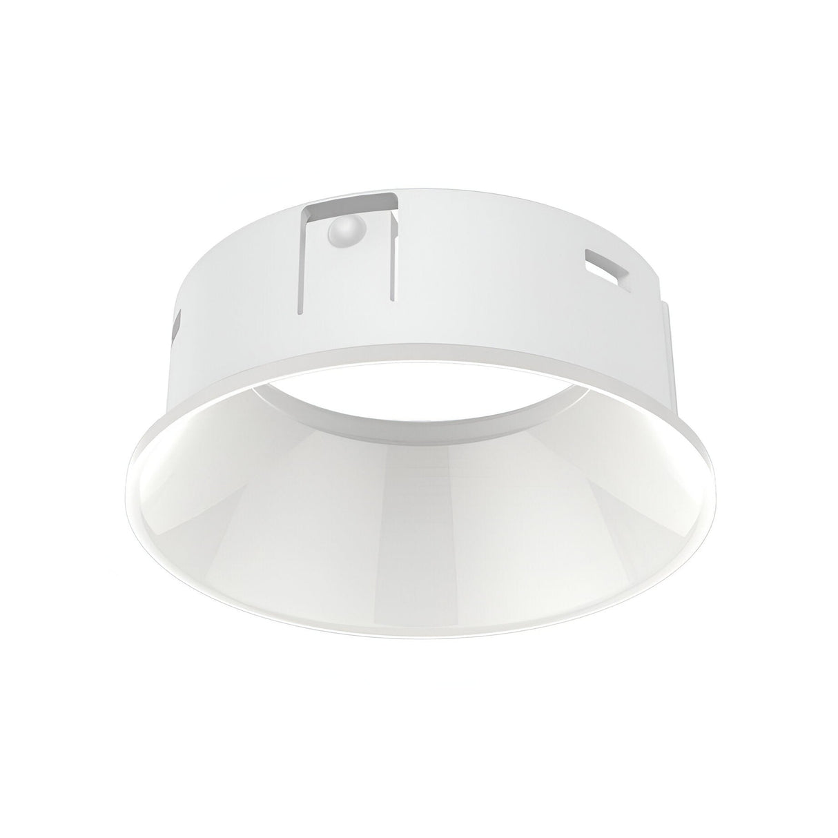 The Voltis Reflector Round Frame 63mm - White features a cylindrical shape with a wide, flared rim and small side cutouts, making it ideal for modern residential lighting. Shown photographed against a plain white background.
