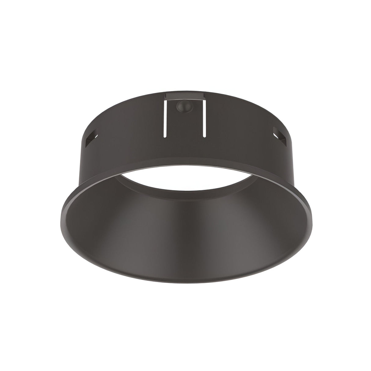 The Voltis Reflector Round Frame 63mm in black is a circular metal fixture with a wide opening at the bottom. This modern design incorporates several slits near the top for attachment or ventilation, adding a contemporary touch to any space.