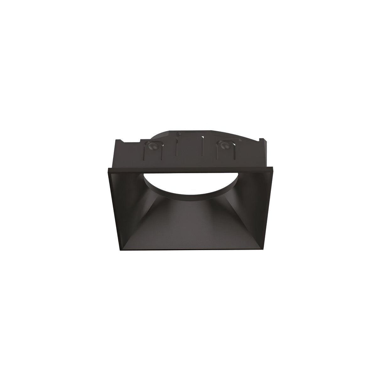 The Voltis Reflector Square Frame 63mm - White features a black recessed lighting fixture with a square opening and angular interior design, set against a white background.