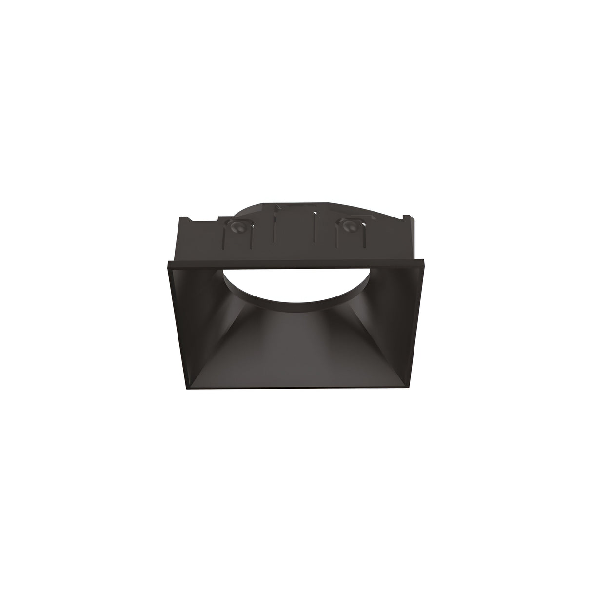 The Voltis Reflector Square Frame 63mm in Black, with its black rectangular frame and central round opening, embodies contemporary lighting. This modular recessed lighting solution is designed for ceiling installation and is presented front view against a plain white background.