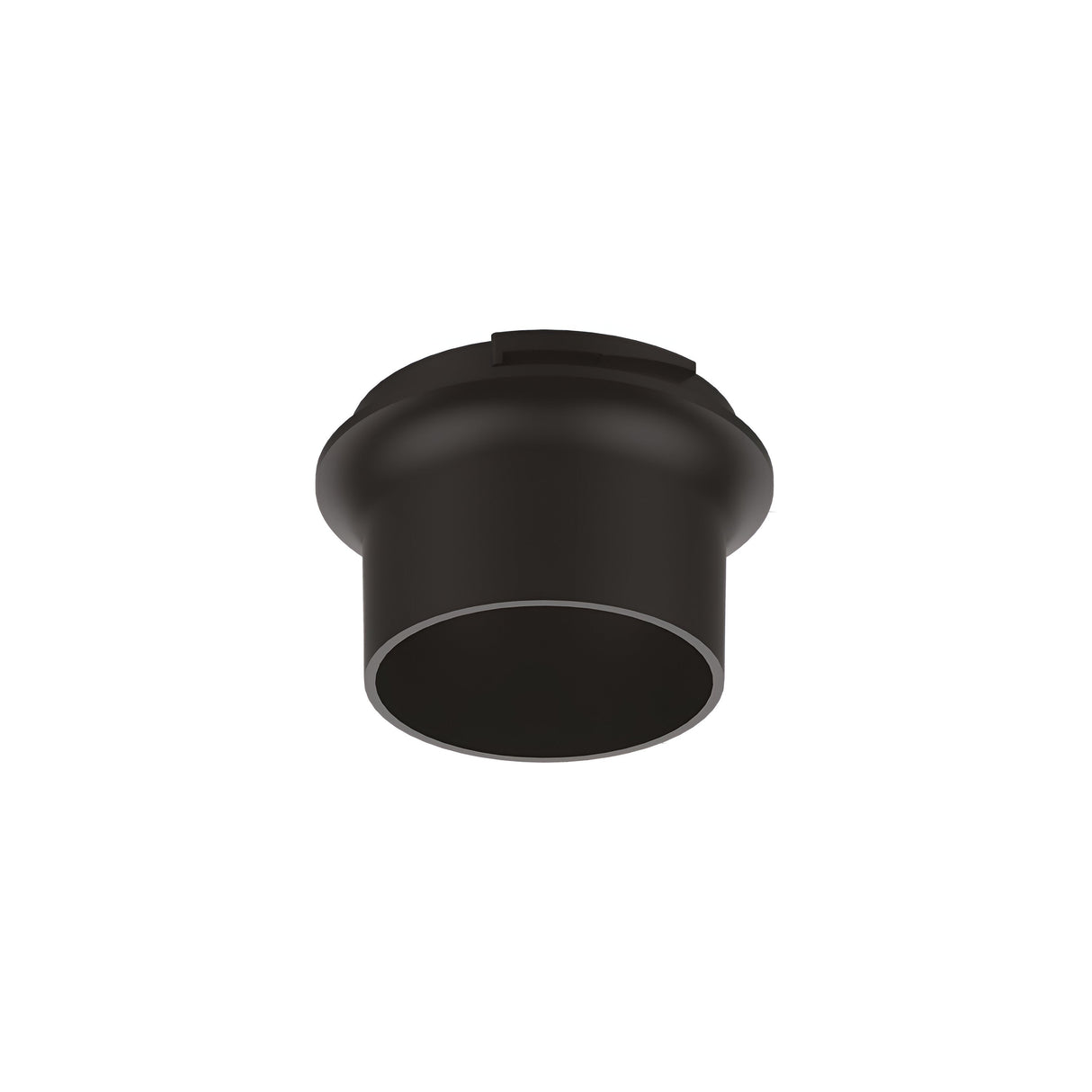 A Voltis Cylindrical Recessed Downlight Frame in black, featuring a rounded design with a flat top surface, similar to a wide, short pipe or vent, isolated on a white background and crafted from durable polycarbonate material.
