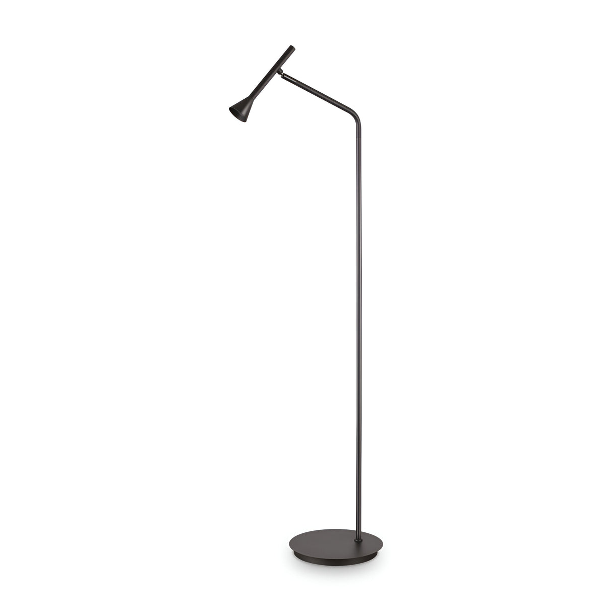 The Solenia LED Floor Lamp 4.5W 3000K - Black showcases a minimalist design with its slender stand and small, angled lampshade, embodying modern aesthetics and providing energy-efficient lighting against a plain white background.