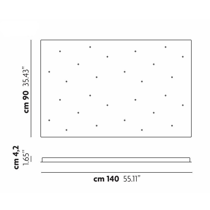 Diagram of the Cluster 28 Light Rectangular Canopy - White with dimensions labeled: width 140 cm (55.11 inches), height 90 cm (35.43 inches), and thickness 4.2 cm (1.65 inches). Small dots are clustered like pendant lights evenly across the surface, following the Cluster 28 Light pattern.