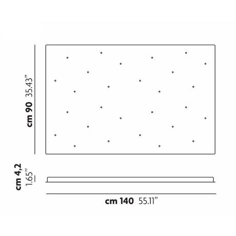 Diagram of the Cluster 28 Light Rectangular Canopy - White with dimensions labeled: width 140 cm (55.11 inches), height 90 cm (35.43 inches), and thickness 4.2 cm (1.65 inches). Small dots are clustered like pendant lights evenly across the surface, following the Cluster 28 Light pattern.