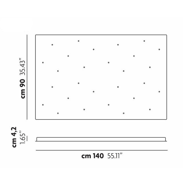 Diagram of the Cluster 28 Light Rectangular Canopy - White with dimensions labeled: width 140 cm (55.11 inches), height 90 cm (35.43 inches), and thickness 4.2 cm (1.65 inches). Small dots are clustered like pendant lights evenly across the surface, following the Cluster 28 Light pattern.