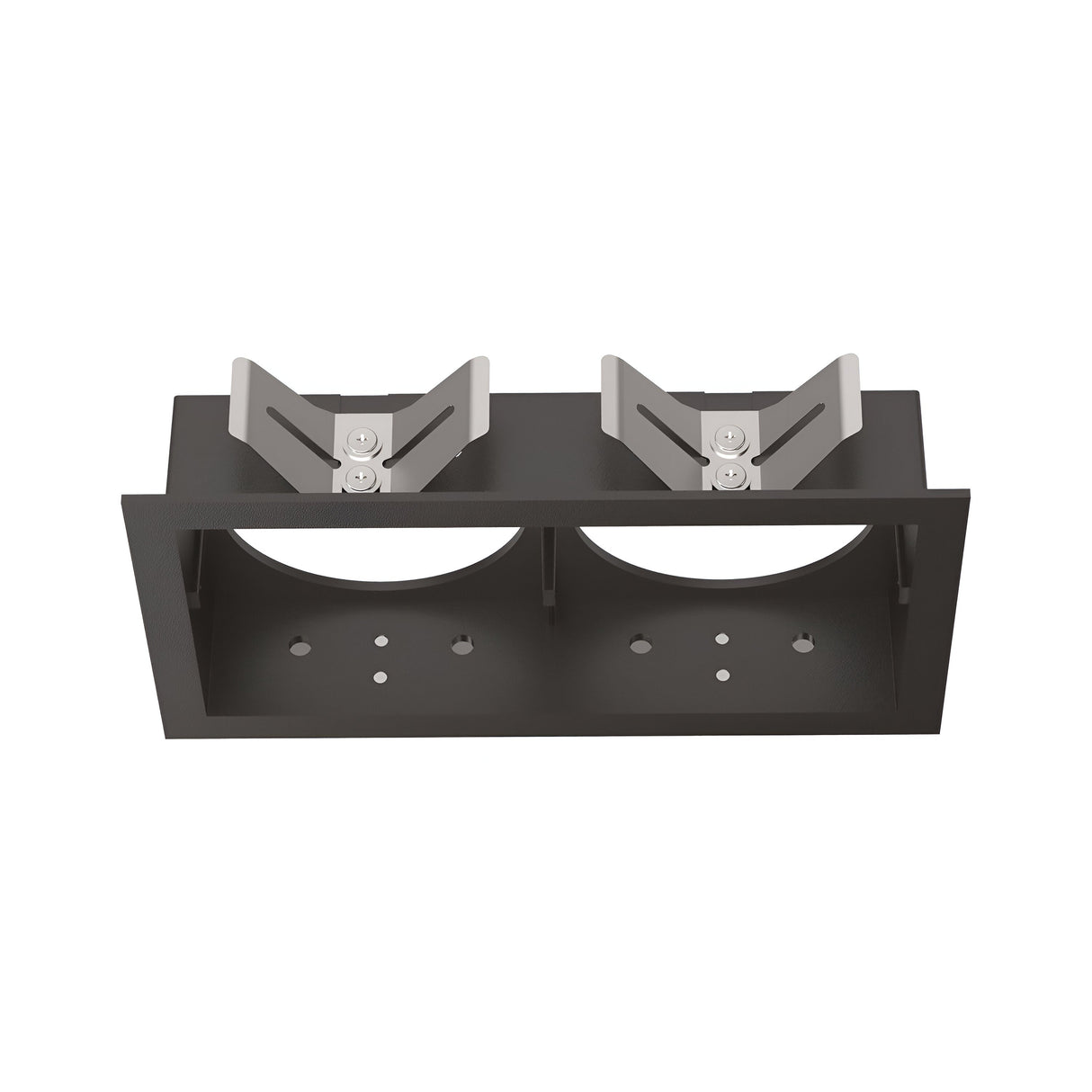The Voltis Square Twin Frame 143mm - Black is crafted with a black metal framework and includes two adjustable silver brackets, ideal for supporting circular objects within its rectangular design. Designed for modular recessed lighting, it features multiple mounting holes that seamlessly enhance a modern aesthetic.