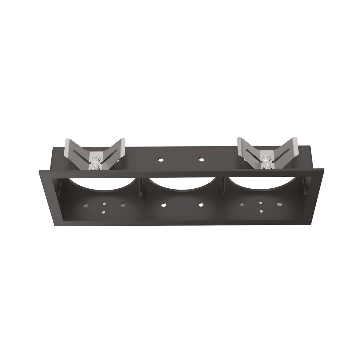 The Voltis Square Triple Frame 206mm - Black is a rectangular metal bracket with a black finish, featuring three circular cutouts and two adjustable clamps. Designed for mounting purposes, this bracket includes multiple screw holes for secure attachment, making it ideal for customizable lighting solutions like the Voltis modular lighting system.