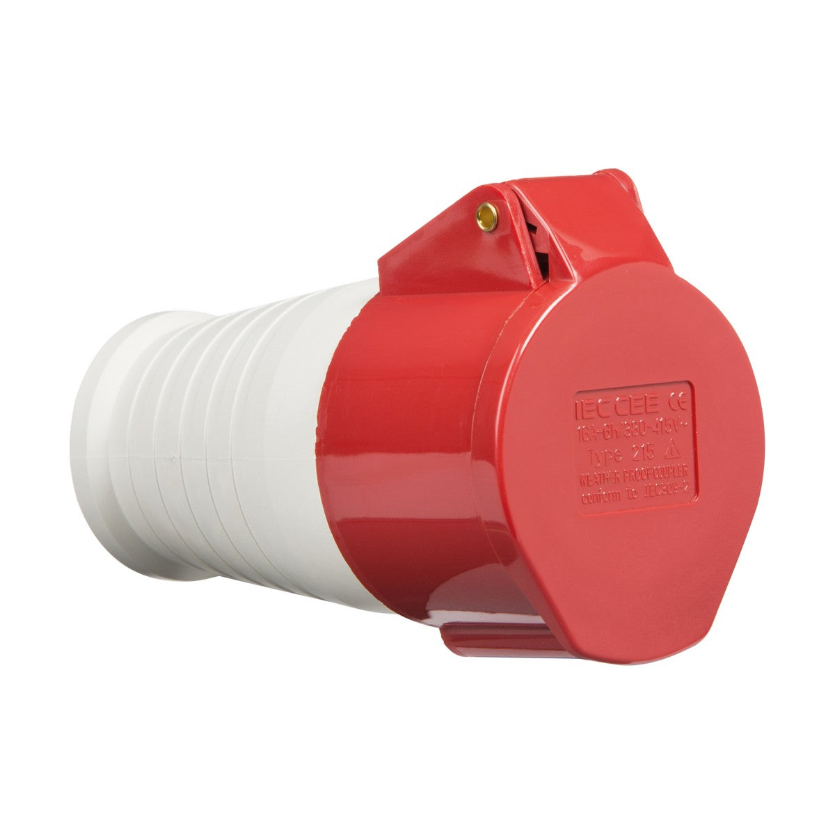 The 16A 3 Phase Neutral Earth Connector is a red and white industrial electrical plug with a ribbed cylindrical design, hinged lid, and an IP44 rating. It is shown at an angle, featuring the front and part of the side.