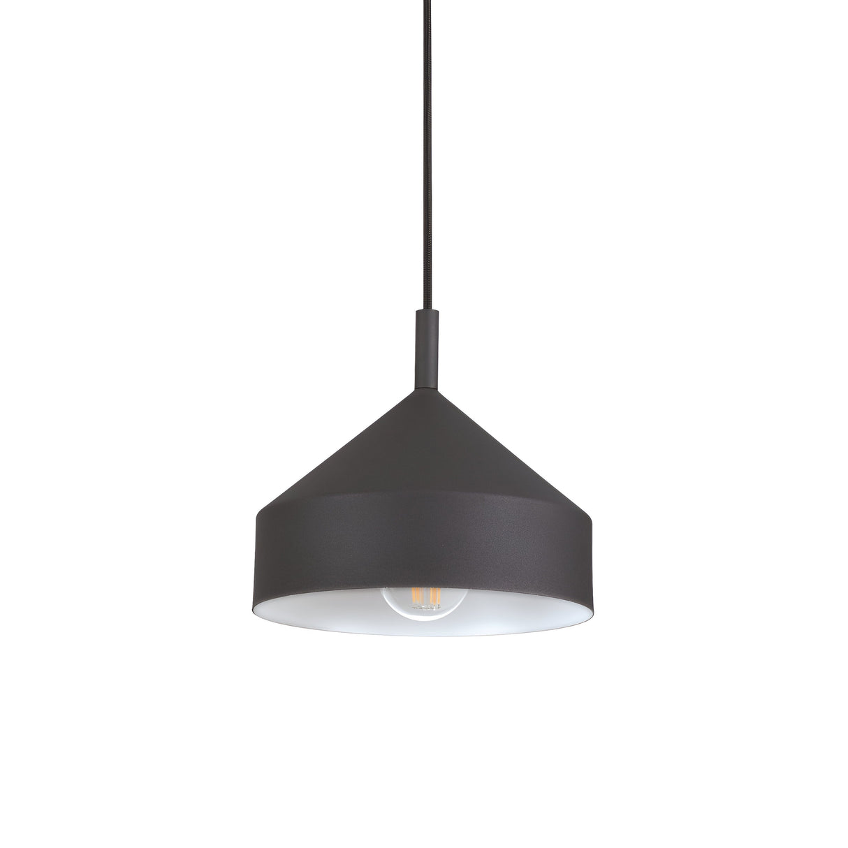 The Elysian 1 Light Pendant in Black, measuring 21cm, is a minimalist light fixture with a modern conical design and a visible bulb. It hangs from a black cord against a plain white background, making it perfect for enhancing minimalist interiors.