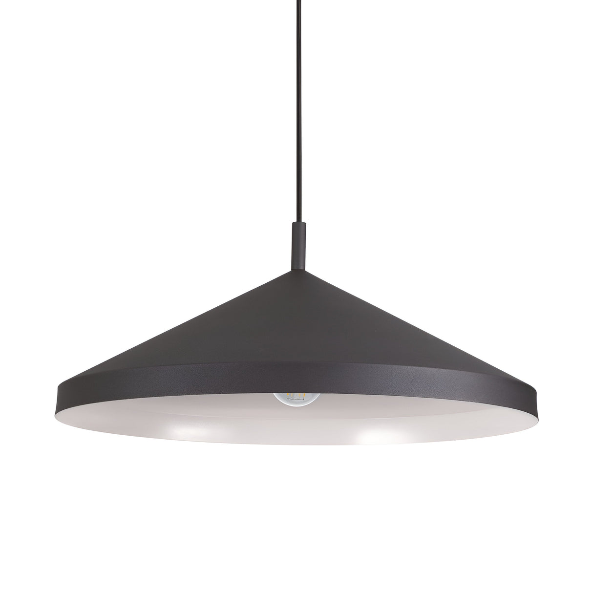 The Elysian 1 Light Pendant - Black, 50cm features a sleek black conical design suspended from a slender rod. Its white interior maximizes the glow of the central bulb, with dimmable capabilities to create the perfect atmosphere.