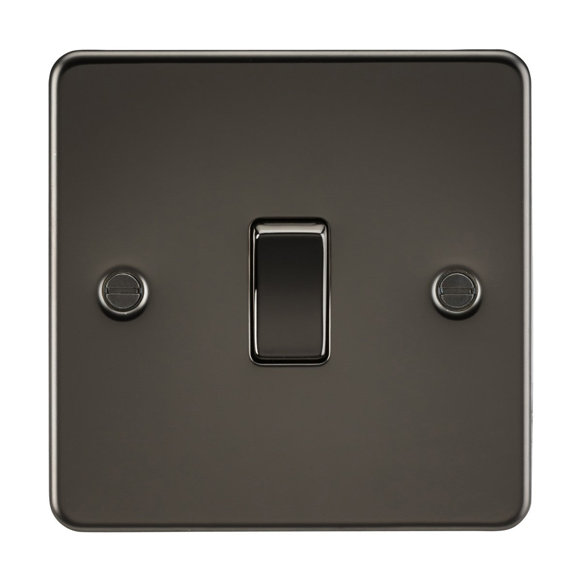 The 10AX 1 Gang Intermediate Switch in gunmetal showcases a sleek, minimalist design on a premium-grade steel plate with an ultra-low profile flat plate, central switch, and two mounting screws. Its glossy finish adds to its refined appearance.