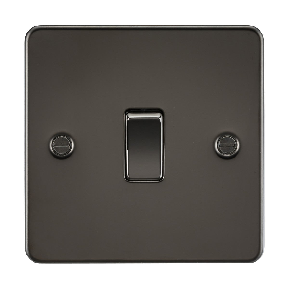 The 10AX 1 Gang 2-Way Switch in gunmetal features a sleek, flat plate design with a central toggle and is secured by two visible screws on either side.